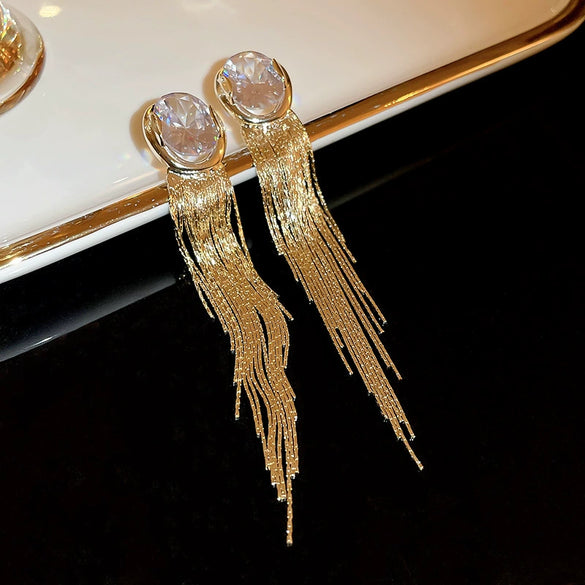 Wholesale Women's Metal Geometric Diamond Tassel Earrings With Silver Needle Chain