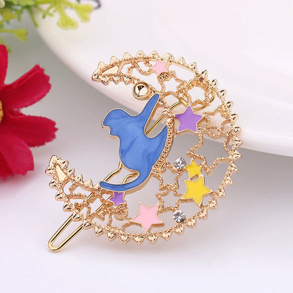 Wholesale Women's Metal Hairpin With Moon And Cat Cartoon Pattern And Baking Varnish Treatment