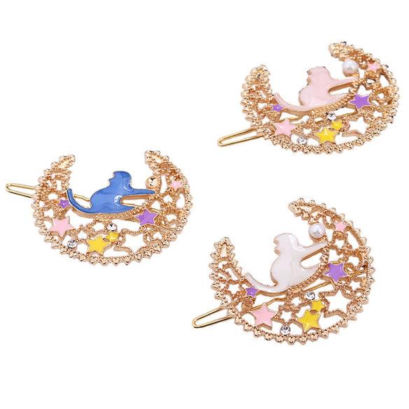 Wholesale Women's Metal Hairpin With Moon And Cat Cartoon Pattern And Baking Varnish Treatment