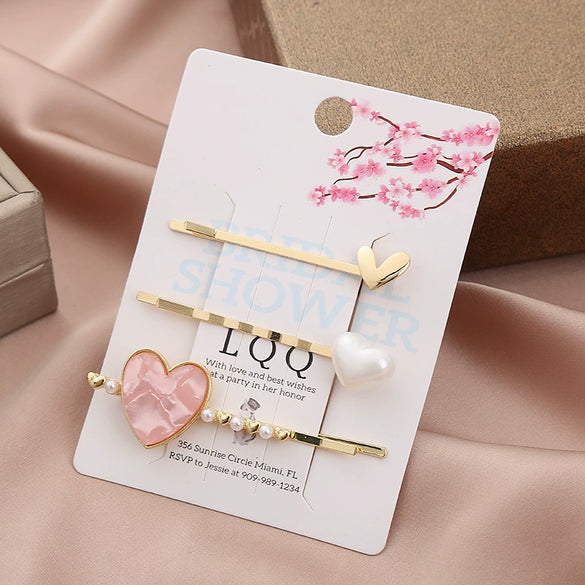 Wholesale Women's Metal Heartshaped Rhinestone Pearl Bangs Hairpin Hair Accessories Cute Style