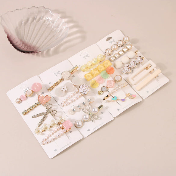 Wholesale Women's Metal Pearl Geometric Electroplated Side Clip Hairpin Set