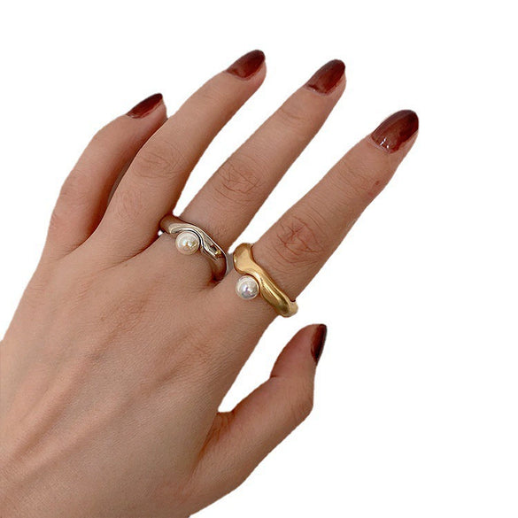 Wholesale Women's Metal Pearl Open Ring With Geometric Pattern And Electroplating Treatment
