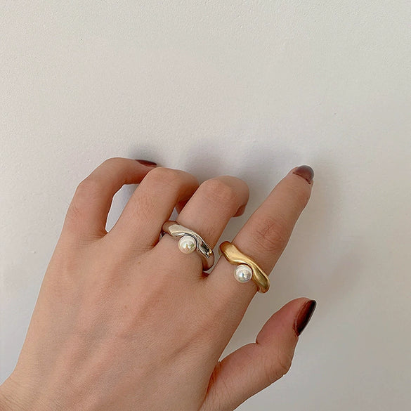Wholesale Women's Metal Pearl Open Ring With Geometric Pattern And Electroplating Treatment