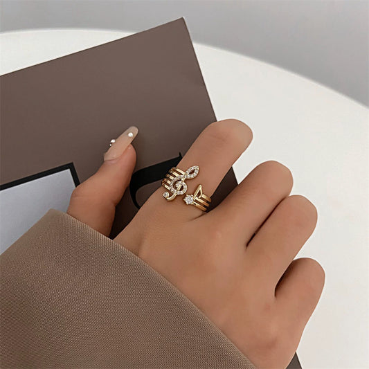 Wholesale Women's Micropaved Zircon Music Symbol Open Copper Ring With Electroplating
