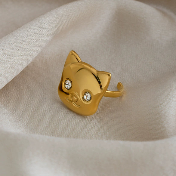 Wholesale Women's Minimalist Animal Catshaped Open Ring Stainless Steel Real Gold Plated Jewelry