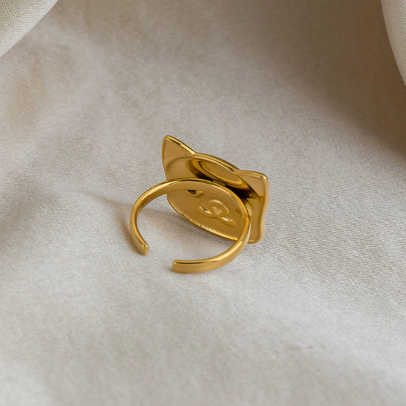 Wholesale Women's Minimalist Animal Catshaped Open Ring Stainless Steel Real Gold Plated Jewelry