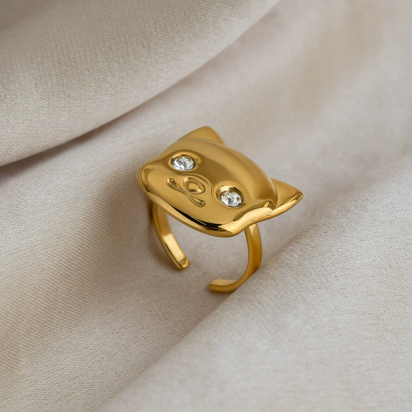 Wholesale Women's Minimalist Animal Catshaped Open Ring Stainless Steel Real Gold Plated Jewelry