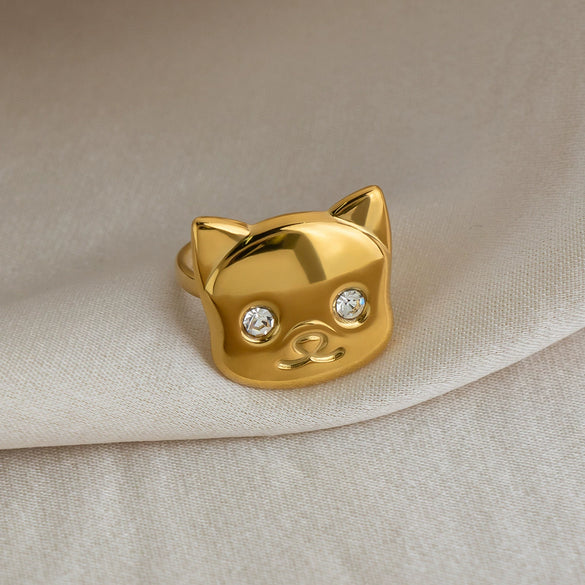 Wholesale Women's Minimalist Animal Catshaped Open Ring Stainless Steel Real Gold Plated Jewelry