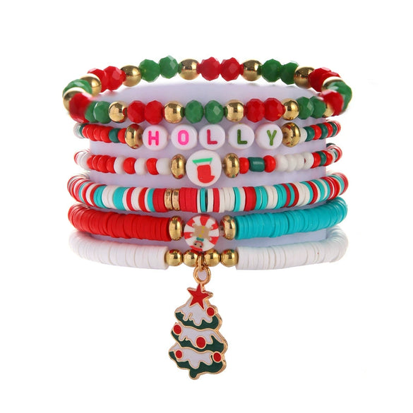 Wholesale Women's Minimalist Christmas Polymer Clay Bracelet With Snowflake And Christmas Tree Pendant