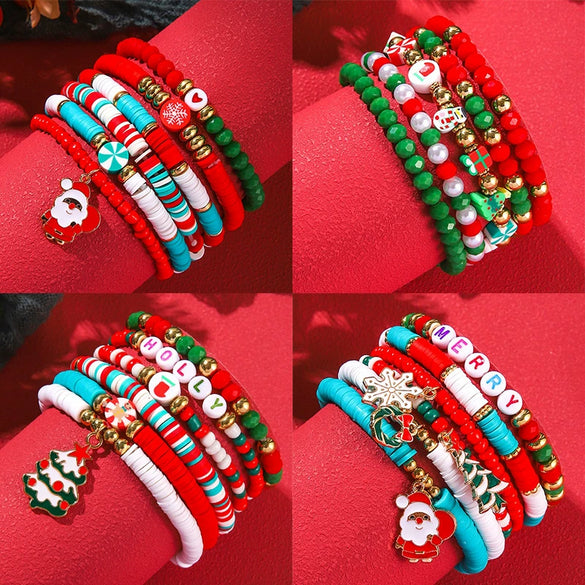 Wholesale Women's Minimalist Christmas Polymer Clay Bracelet With Snowflake And Christmas Tree Pendant