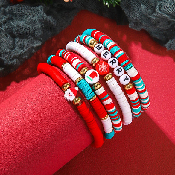 Wholesale Women's Minimalist Christmas Polymer Clay Bracelet With Snowflake And Christmas Tree Pendant