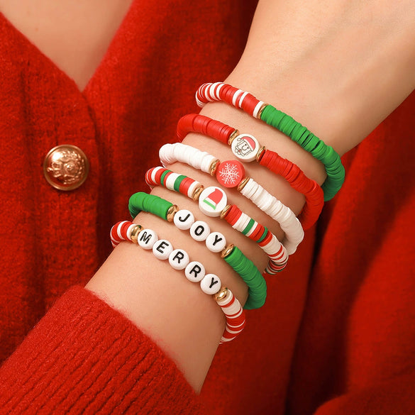 Wholesale Women's Minimalist Christmas Polymer Clay Bracelet With Snowflake And Christmas Tree Pendant