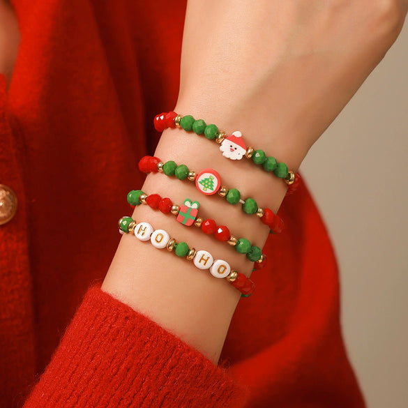 Wholesale Women's Minimalist Christmas Polymer Clay Bracelet With Snowflake And Christmas Tree Pendant