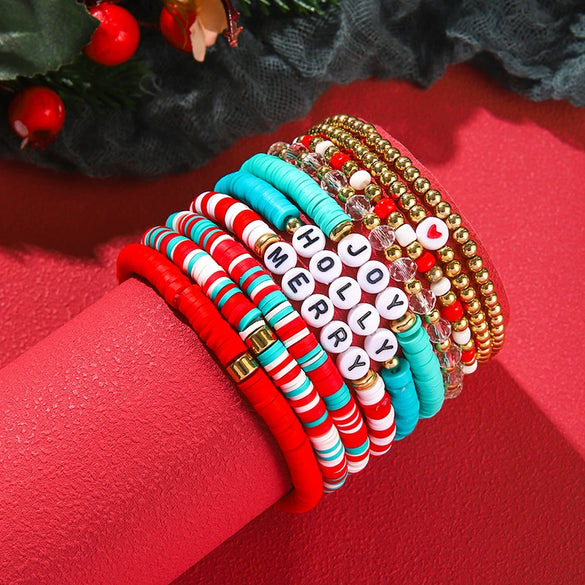 Wholesale Women's Minimalist Christmas Polymer Clay Bracelet With Snowflake And Christmas Tree Pendant