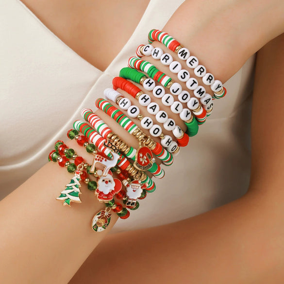 Wholesale Women's Minimalist Christmas Polymer Clay Bracelet With Snowflake And Christmas Tree Pendant