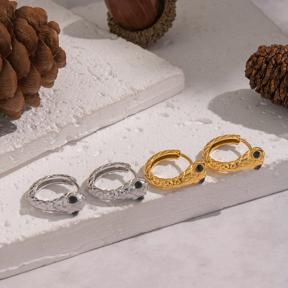 Wholesale Women's Minimalist Diamondencrusted Zodiac Snakeshaped Stainless Steel Earrings With Vacuum Real Gold Plating