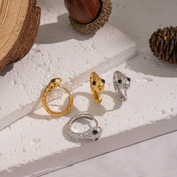 Wholesale Women's Minimalist Diamondencrusted Zodiac Snakeshaped Stainless Steel Earrings With Vacuum Real Gold Plating
