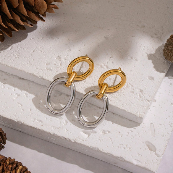 Wholesale Women's Minimalist Exaggerated Niche Geometric Oval Colorblocking Stainless Steel Earrings With Vacuum Real Gold Plating In Pvd Furnace