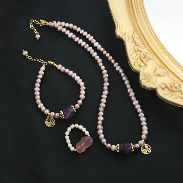 Wholesale Women's Minimalist Freshwater Pearl And K Gold Jewelry Including Necklace Bracelet Ring With Electroplating