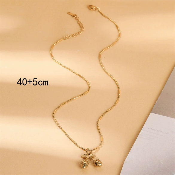 Wholesale Women's Minimalist Geometric Cherry Pendant Necklace Stainless Steel 18K Gold Electroplated Bamboo Chain Jewelry