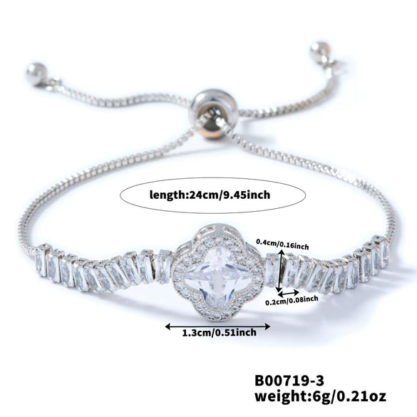 Wholesale Women's Minimalist Geometric Copper Inlaid Zircon Four Leaf Clover Bracelet Jewelry
