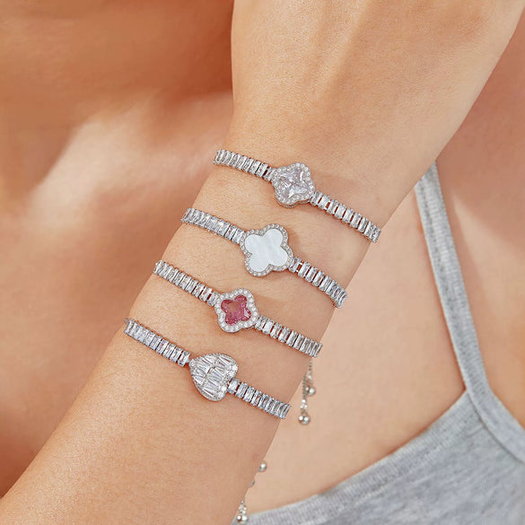 Wholesale Women's Minimalist Geometric Copper Inlaid Zircon Four Leaf Clover Bracelet Jewelry