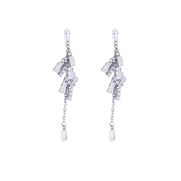 Wholesale Women's Minimalist Geometric Copper Zircon Tassel Long Stud Earrings With 925 Silver Needle And Electroplating