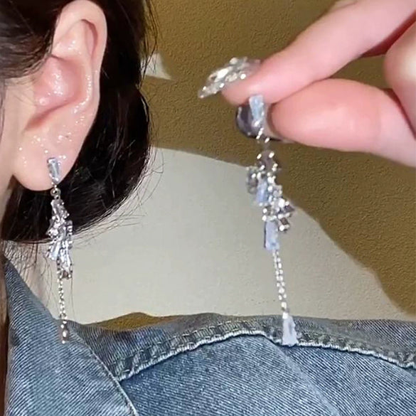 Wholesale Women's Minimalist Geometric Copper Zircon Tassel Long Stud Earrings With 925 Silver Needle And Electroplating