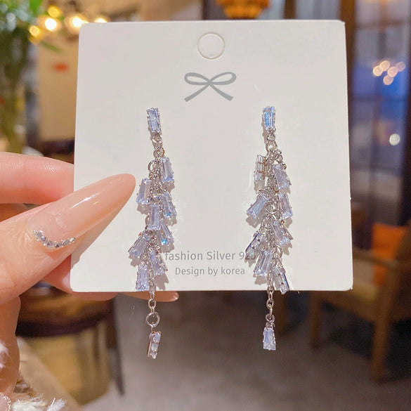 Wholesale Women's Minimalist Geometric Copper Zircon Tassel Long Stud Earrings With 925 Silver Needle And Electroplating