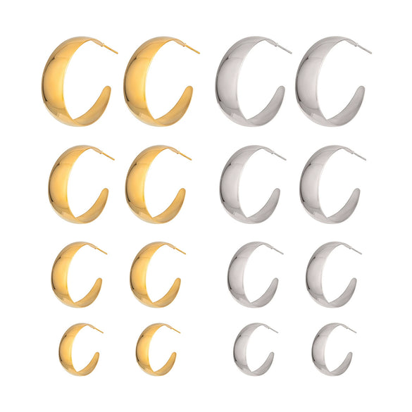 Wholesale Women's Minimalist Geometric Cshaped Wide Hoop Stainless Steel Earrings With Vacuum Real Gold Plating