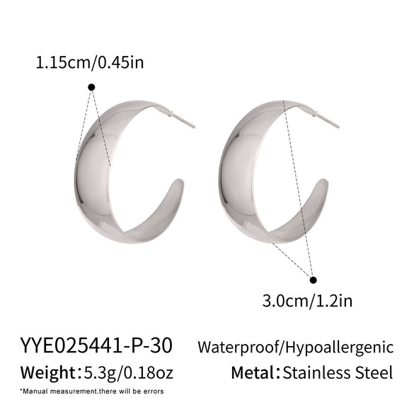 Wholesale Women's Minimalist Geometric Cshaped Wide Hoop Stainless Steel Earrings With Vacuum Real Gold Plating