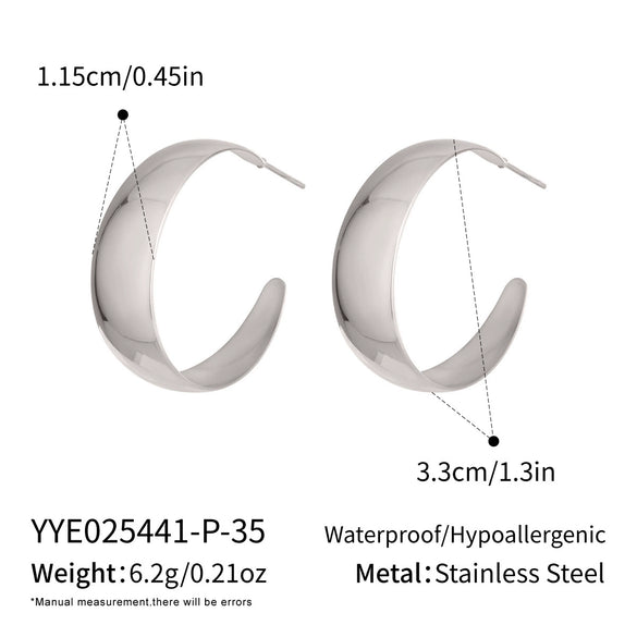 Wholesale Women's Minimalist Geometric Cshaped Wide Hoop Stainless Steel Earrings With Vacuum Real Gold Plating