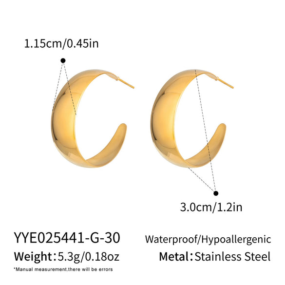 Wholesale Women's Minimalist Geometric Cshaped Wide Hoop Stainless Steel Earrings With Vacuum Real Gold Plating