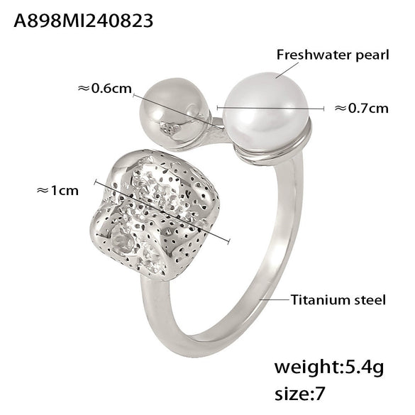 Wholesale Women's Minimalist Geometric Freshwater Pearl Ball Hollow Shaped Titanium Steel 18K Gold Plated Pvd Ring