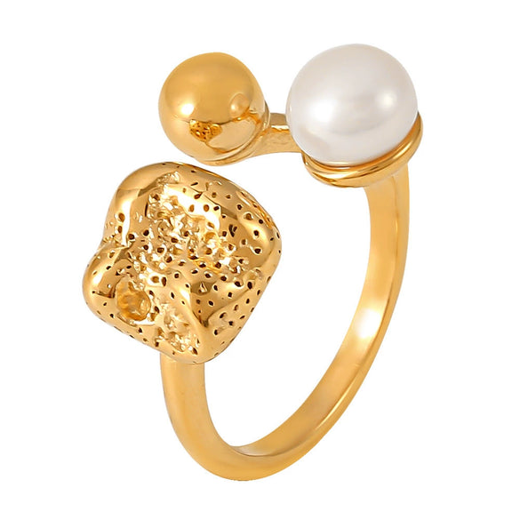 Wholesale Women's Minimalist Geometric Freshwater Pearl Ball Hollow Shaped Titanium Steel 18K Gold Plated Pvd Ring