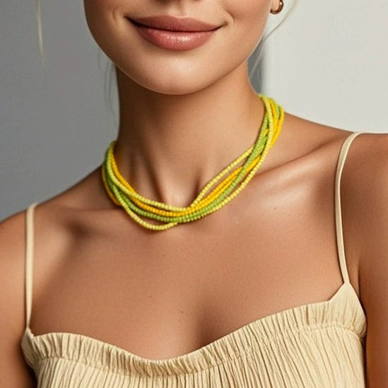 Wholesale Women's Minimalist Geometric Glass And Rice Beads Multilayer Necklace With Electroplating