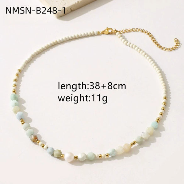Wholesale Women's Minimalist Geometric Handmade Beaded Titanium Steel Necklace With Natural Stone And 18K Electroplated Design