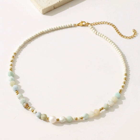 Wholesale Women's Minimalist Geometric Handmade Beaded Titanium Steel Necklace With Natural Stone And 18K Electroplated Design