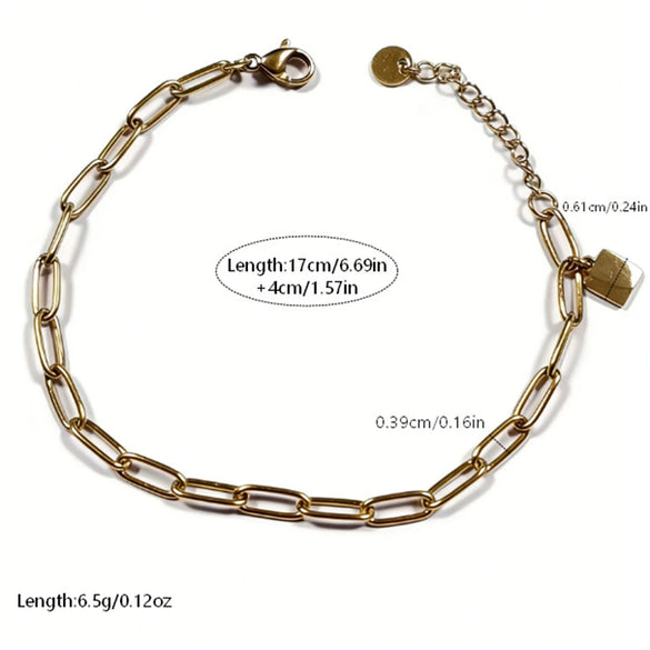 Wholesale Women's Minimalist Geometric Hollow Square Stainless Steel Vacuum Plated Paperclip Chain Bracelet With Extension Chain