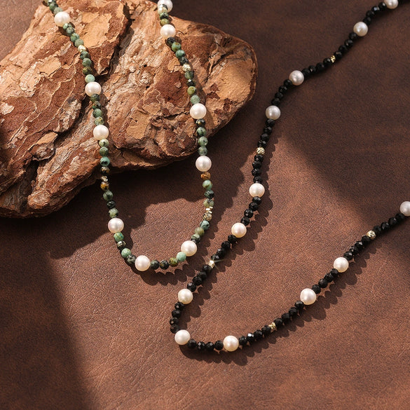 Wholesale Women's Minimalist Geometric Natural Stone Pearl Turquoise Layered S925 Silver Electroplated Necklace Cross Chain