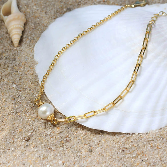 Wholesale Women's Minimalist Geometric S925 Sterling Silver Gold Plated Freshwater Pearl Bracelet