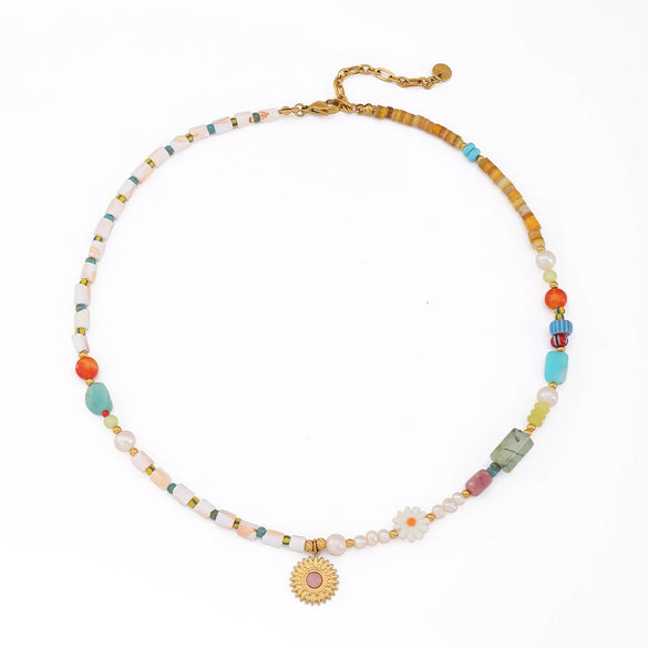 Wholesale Women's Minimalist Geometric Shell Blue Pine Natural Freshwater Pearl Titanium Steel Ite Beaded Necklace With Seiko Design And O Word Chain