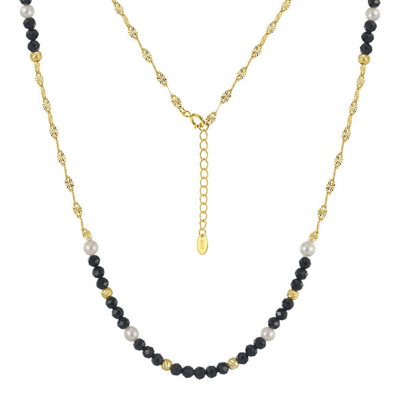 Wholesale Women's Minimalist Geometric 925 Silver Black Tourmaline Pearl 14K Goldplated Beaded Necklace