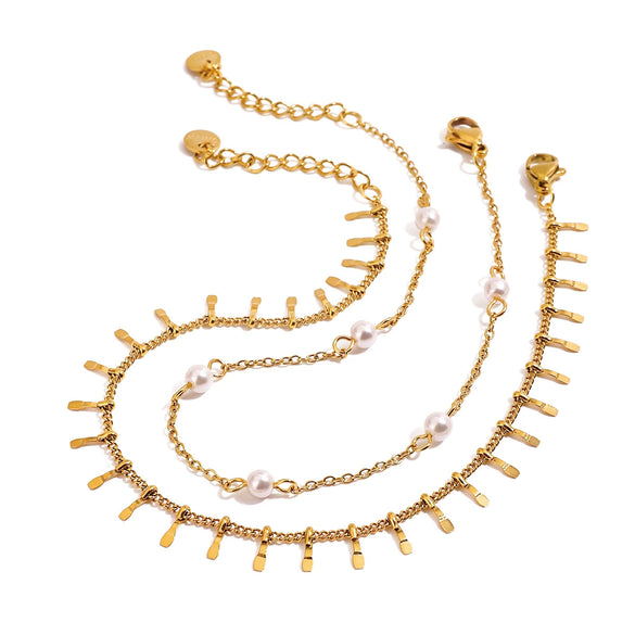 Wholesale Women's Minimalist Geometric Stainless Steel And Freshwater Pearl Double Anklet With Electroplating Design