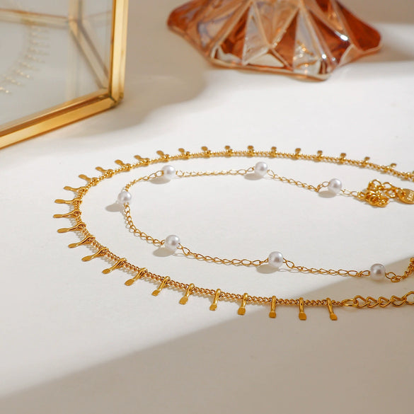 Wholesale Women's Minimalist Geometric Stainless Steel And Freshwater Pearl Double Anklet With Electroplating Design