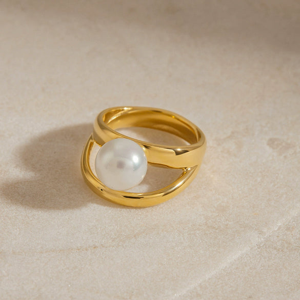 Wholesale Women's Minimalist Geometric Stainless Steel Doublelayer Pearl Cut Out Ring Jewelry Electroplated