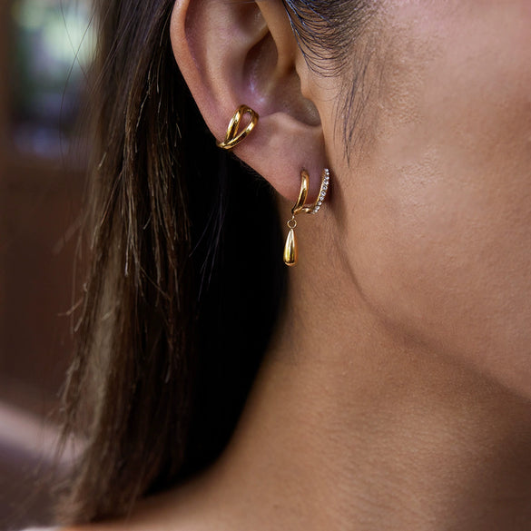 Wholesale Women's Minimalist Geometric Stainless Steel Electroplated Doublelayer Cring And Water Drop Pendant Earrings Jewelry