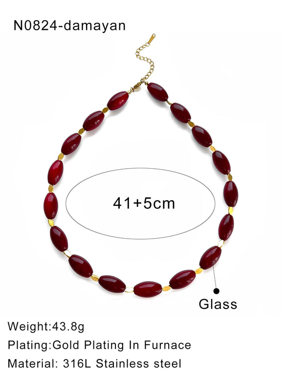 Wholesale Women's Minimalist Geometric Stainless Steel Handmade Beaded Chain Necklace With Glazed Pendant