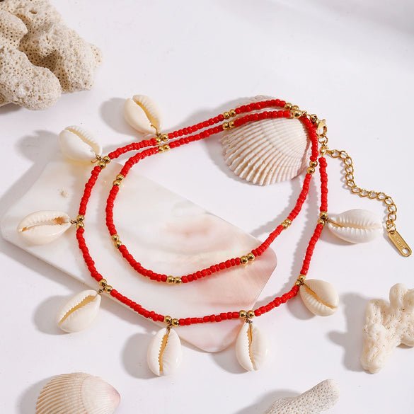 Wholesale Women's Minimalist Geometric Stainless Steel Jewelry With Electroplating And Red Rice Ball Steel Ball Teeth Shell Chain Design