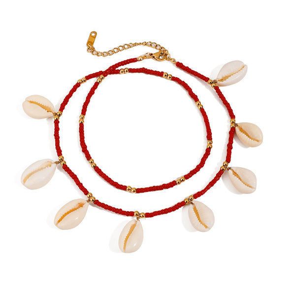 Wholesale Women's Minimalist Geometric Stainless Steel Jewelry With Electroplating And Red Rice Ball Steel Ball Teeth Shell Chain Design